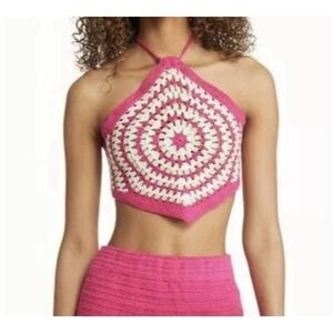 BP Pink White Green NEW Size XXS Handmade Crochet Handkerchief Festival Top